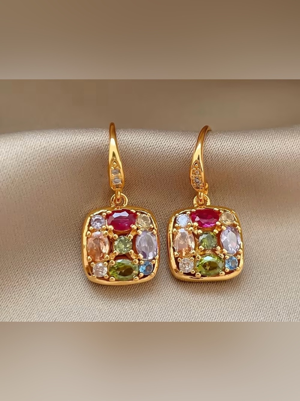 Gold Multi-Gem Drop Earrings - Colorful Gemstone Dangle